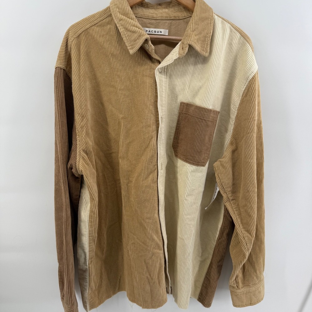 PacSun Mens XL Colorblock Corduroy Button Down Shirt Brown Tan Raw Hem